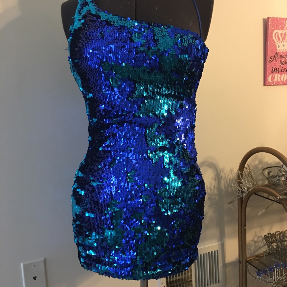 Sparkly blue/green sequined mini dress.